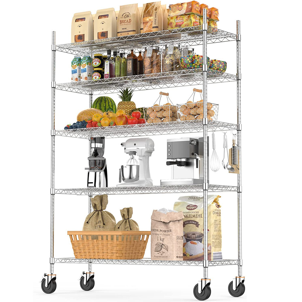 Movable powder coating wire rack 5-Tier Shelf Adjustable Steel Wire Shelving heavy duty wire shelving with wheels