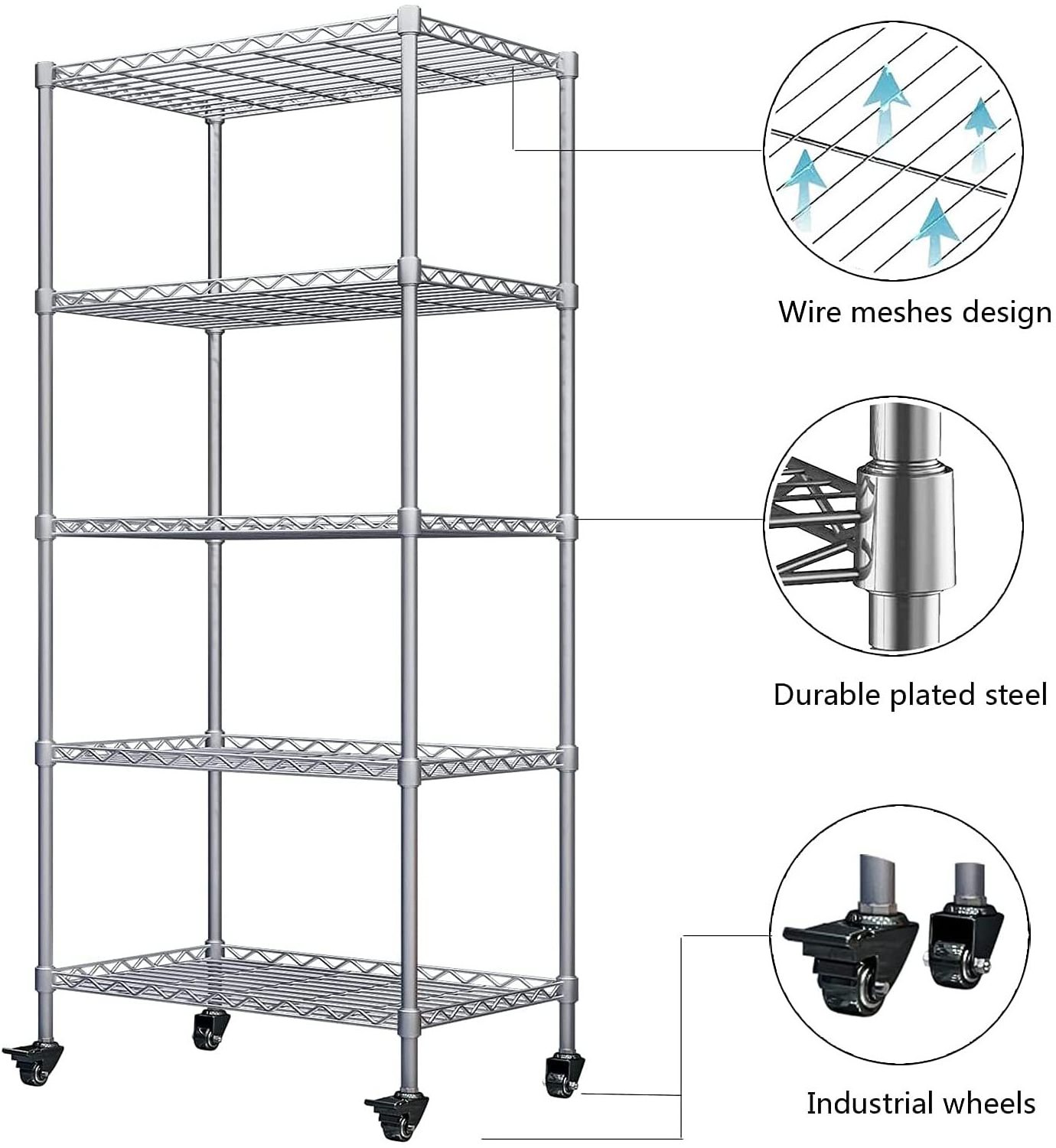 Mobile Chrome-Plated Hygienic Rack 5 Layers Restaurant Wire Shelving