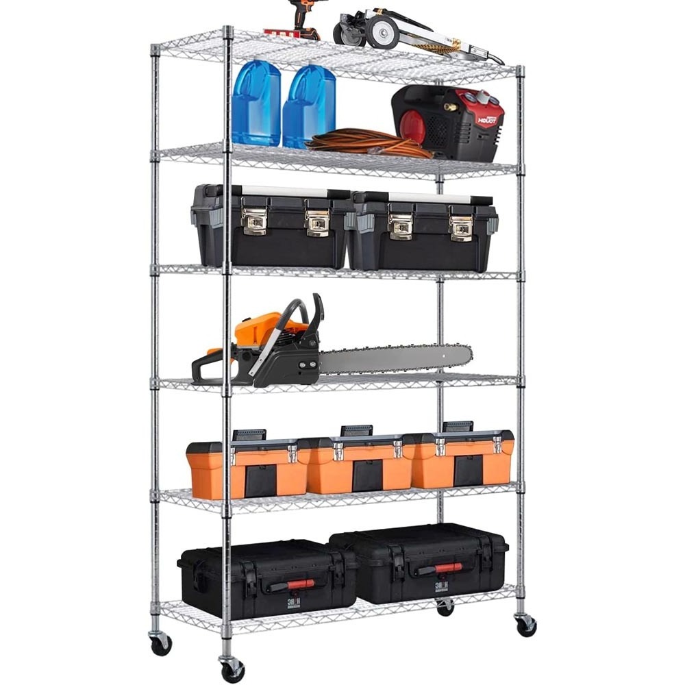 Movable Wire Shelf for Restaurant Garage Kitchen Pantry Commercial Rack, Chrome 6-Tier Storage Shelves on Wheels