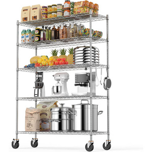 Movable powder coating wire rack 5-Tier Shelf Adjustable Steel Wire Shelving heavy duty wire shelving with wheels