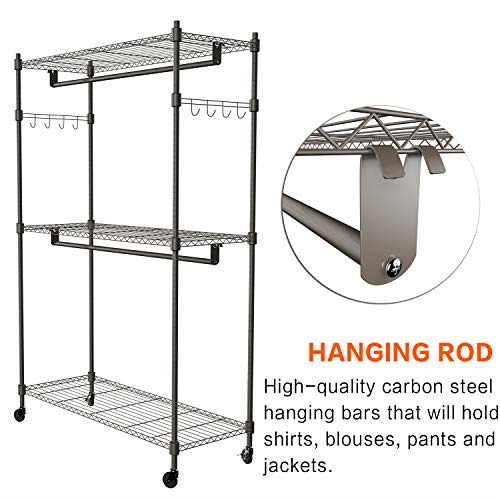 Heavy Duty Rolling Garment Rack 3-Tiers Wire Shelving