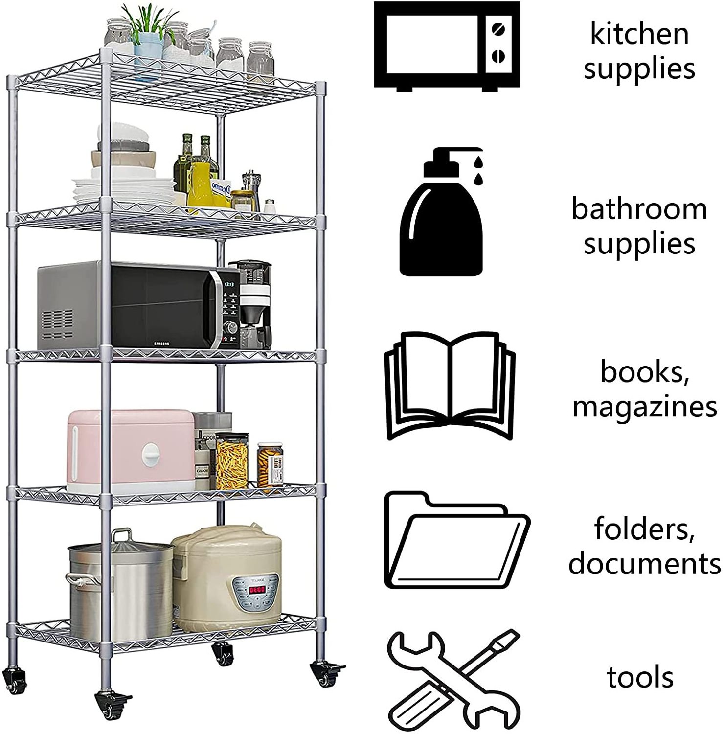 Mobile Chrome-Plated Hygienic Rack 5 Layers Restaurant Wire Shelving