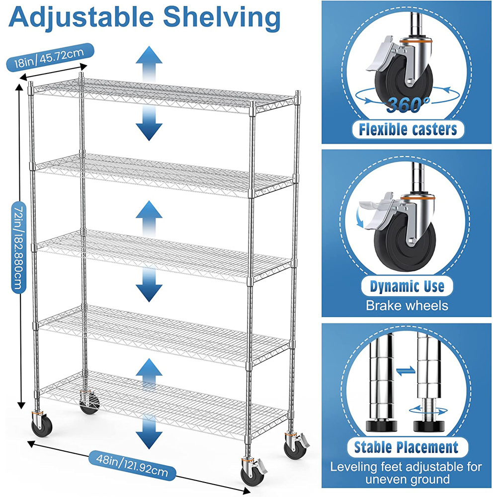 Movable powder coating wire rack 5-Tier Shelf Adjustable Steel Wire Shelving heavy duty wire shelving with wheels