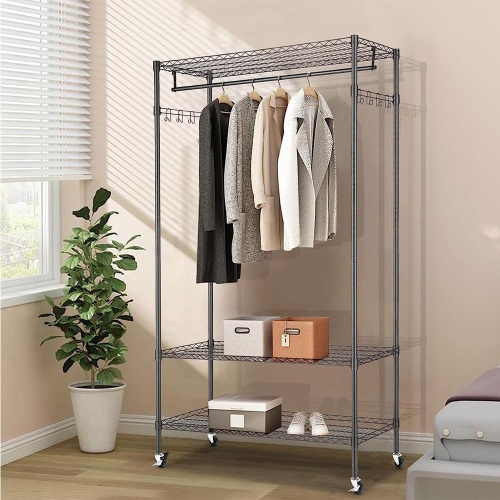 3 Tiers Garment Racks with Storage Shelves,  Portable Clothes Rack for hanging clothes WHanger Bar & Wheels & 1 Pair Side Hooks,