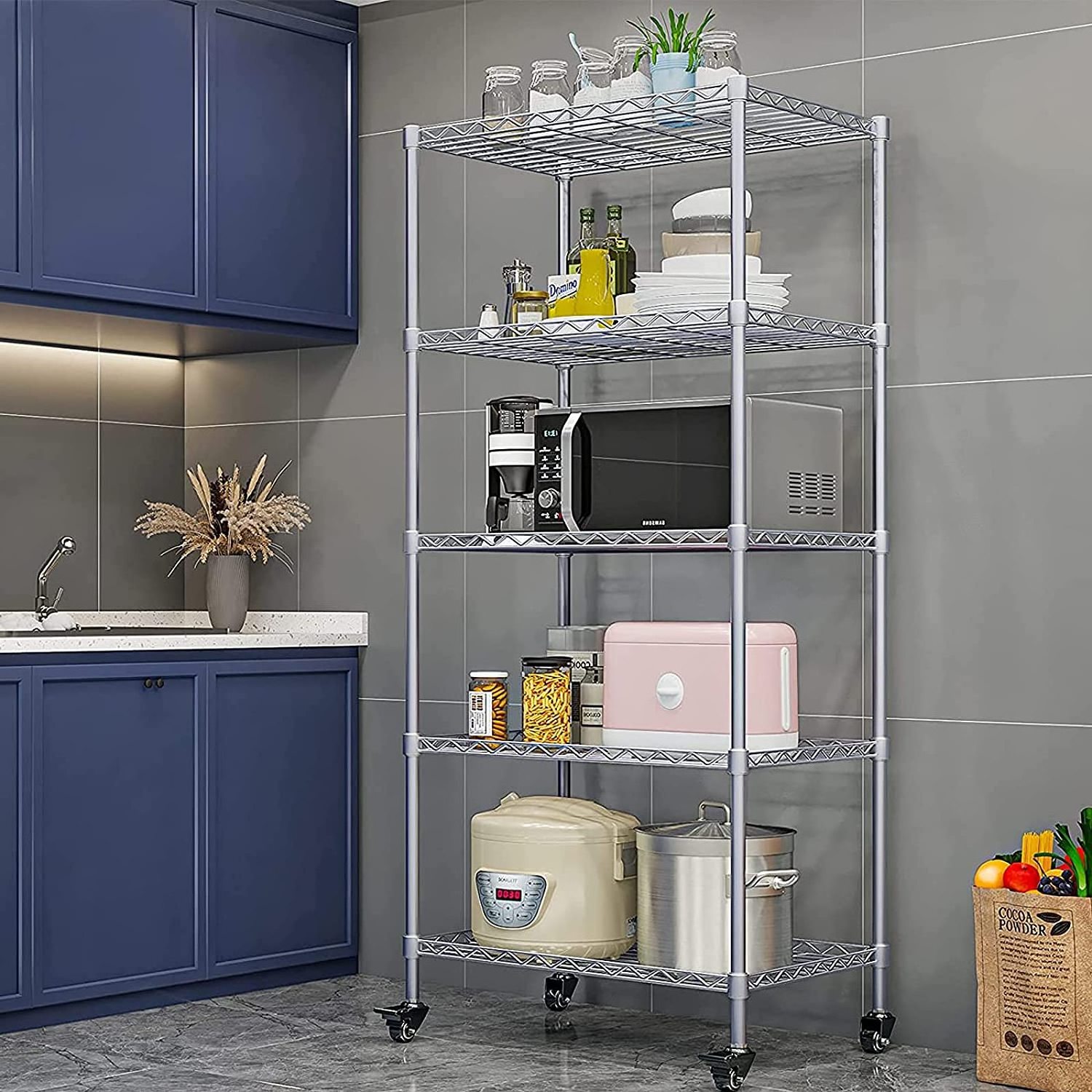 Mobile Chrome-Plated Hygienic Rack 5 Layers Restaurant Wire Shelving