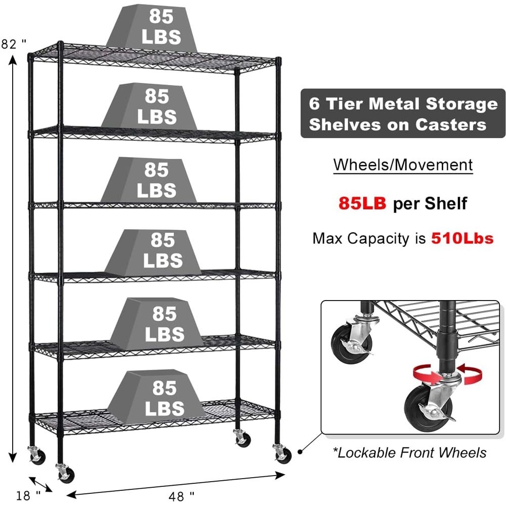 Black 6-Tier Storage Shelves on Wheels  Movable Wire Shelf for Restaurant Garage Kitchen Pantry Commercial Rack