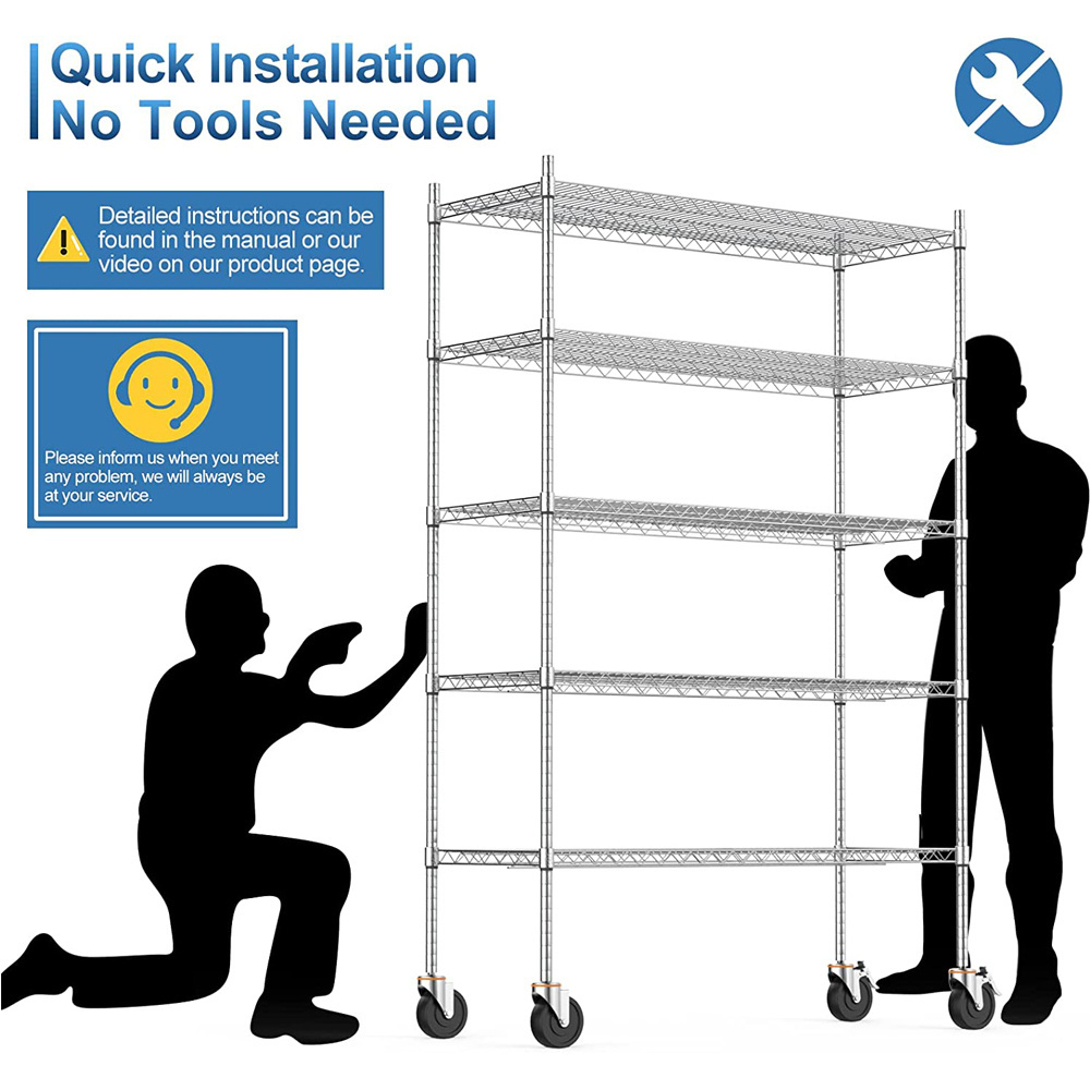 Movable powder coating wire rack 5-Tier Shelf Adjustable Steel Wire Shelving heavy duty wire shelving with wheels