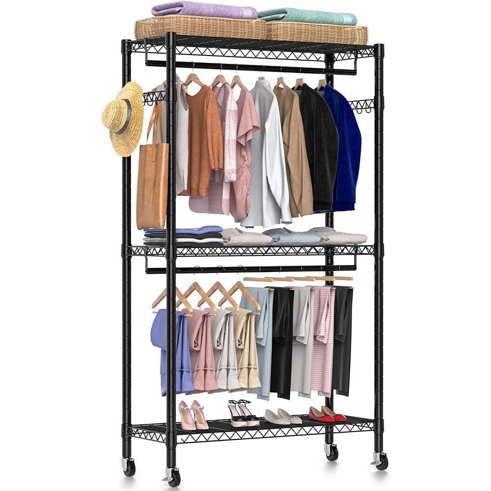 3-Tier Adjustable Garment Clothes Clothing Racks for Hanging Clothes With Shelves Double Rod Clothes Hanger Rack for Closet,