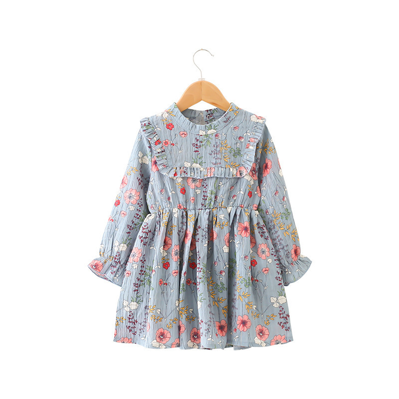 New Spring Autumn Vintage Toddler Girls dress Floral Print Long Sleeve Kids  Girls Chiffon Dresses