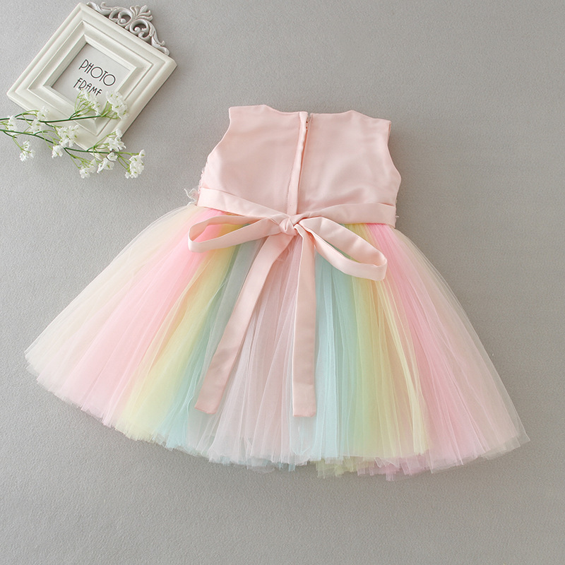 High Quality Baby Girl Rainbow Dresses Princess Appliques Lace Tulle Infant Girls Pink Tutu Floral Dress