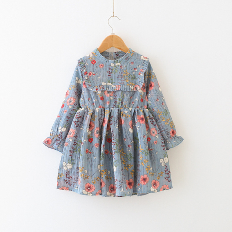 New Spring Autumn Vintage Toddler Girls dress Floral Print Long Sleeve Kids  Girls Chiffon Dresses