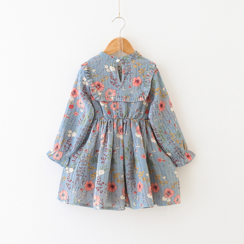 New Spring Autumn Vintage Toddler Girls dress Floral Print Long Sleeve Kids  Girls Chiffon Dresses