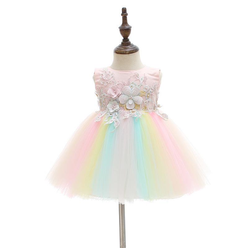 High Quality Baby Girl Rainbow Dresses Princess Appliques Lace Tulle Infant Girls Pink Tutu Floral Dress