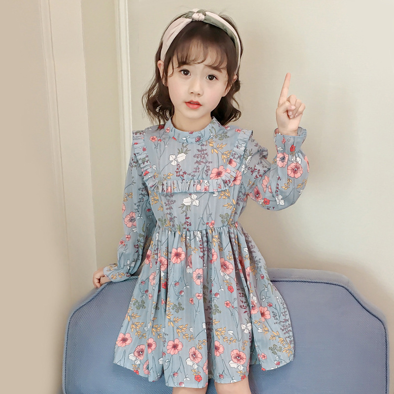 New Spring Autumn Vintage Toddler Girls dress Floral Print Long Sleeve Kids  Girls Chiffon Dresses