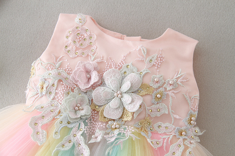 High Quality Baby Girl Rainbow Dresses Princess Appliques Lace Tulle Infant Girls Pink Tutu Floral Dress