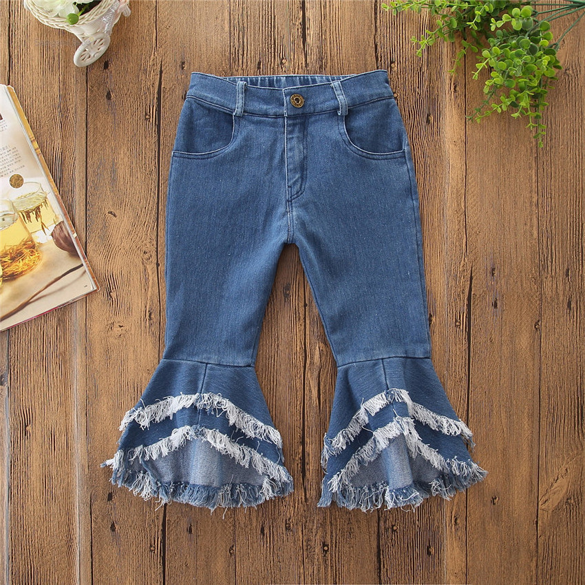 Wholesale Kids Daily Wear Children Ruffle Pants Baby Girl Tassel Bell Bottom Jeans