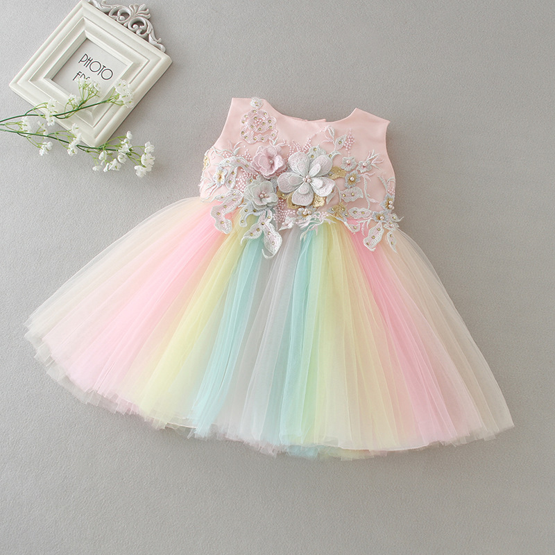 High Quality Baby Girl Rainbow Dresses Princess Appliques Lace Tulle Infant Girls Pink Tutu Floral Dress