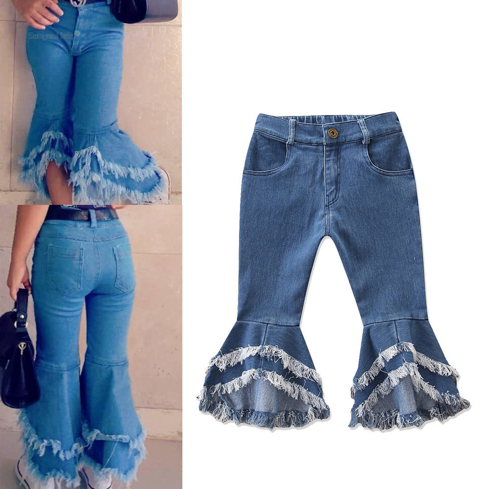 Wholesale Kids Daily Wear Children Ruffle Pants Baby Girl Tassel Bell Bottom Jeans