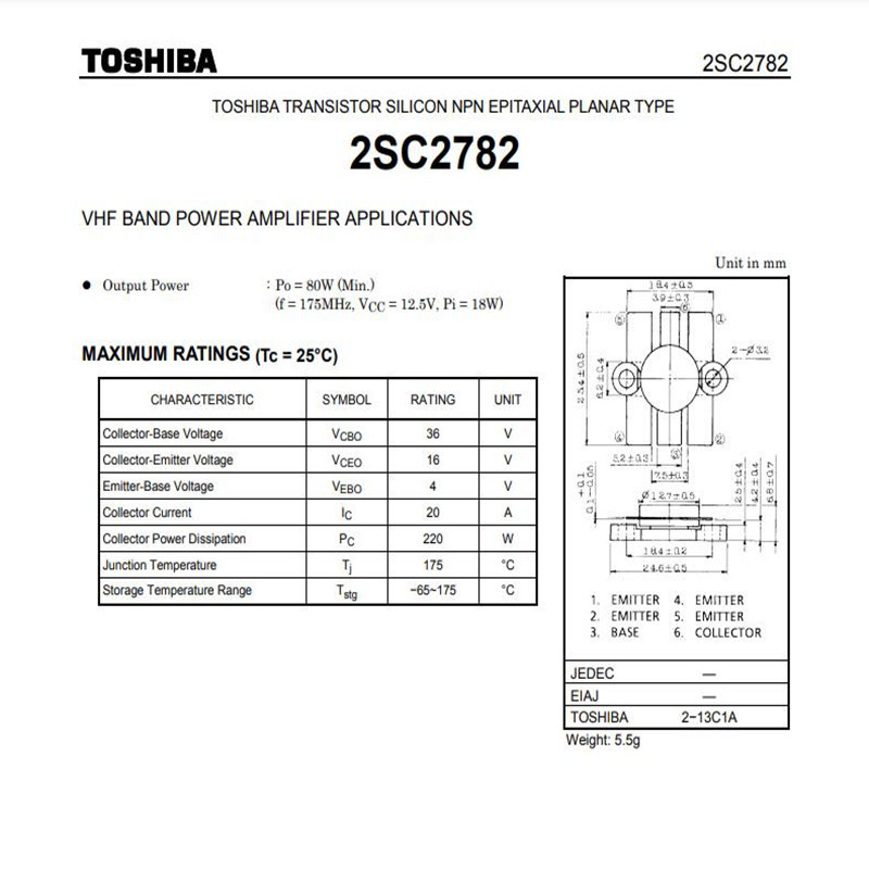 2SC2782 2SC2872A 2SC2782. C2872 C2782A C2782. TRANSISTOR SILICON NPN EPITAXIAL PLANAR TYPE VHF BAND POWER AMPLIFIER APPLICATIONS