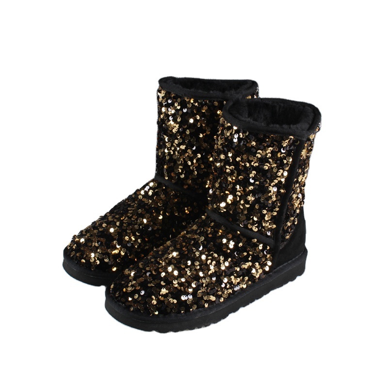 Dropshipping Popular Thick-Bottom Warm Flat Women Snow Boots Bling Bling Sequin Fashion Winter Snow Boots For Girls