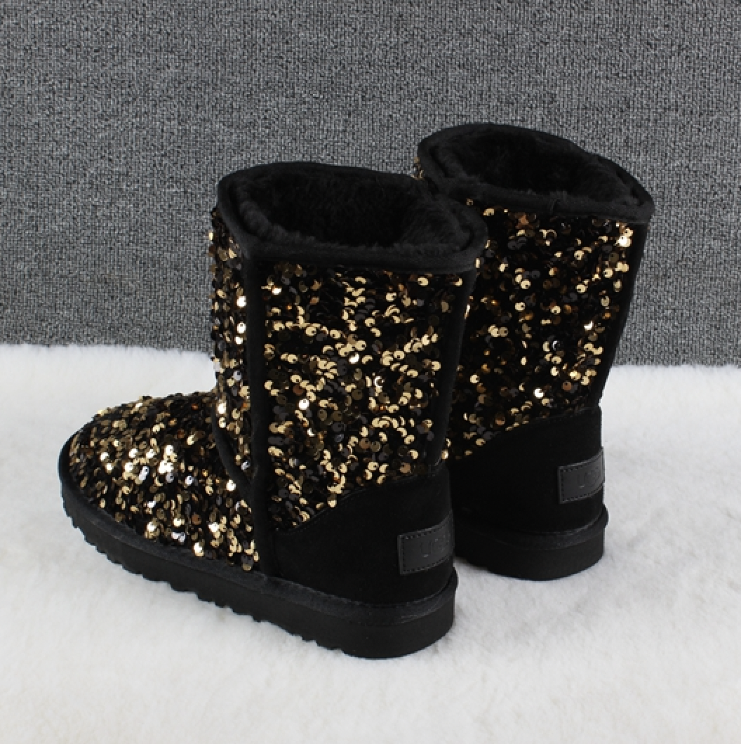 Dropshipping Popular Thick-Bottom Warm Flat Women Snow Boots Bling Bling Sequin Fashion Winter Snow Boots For Girls