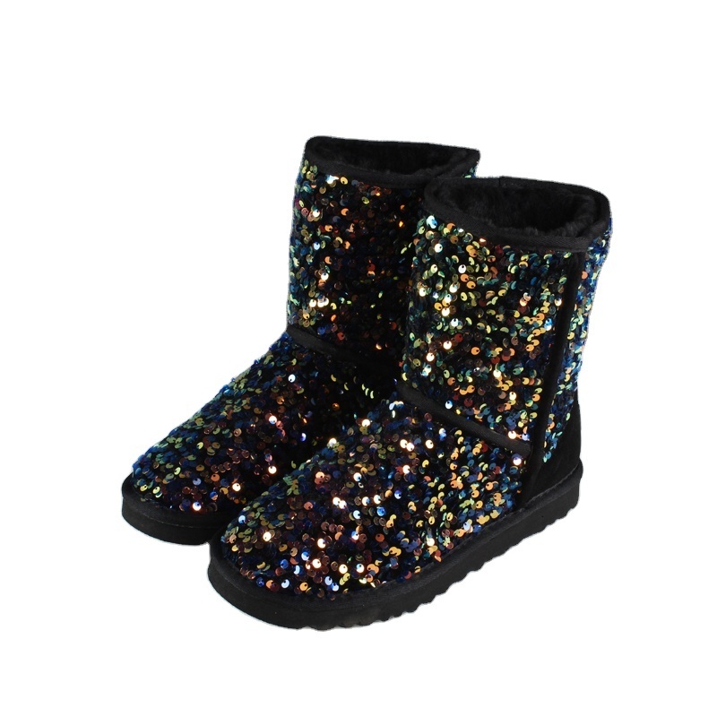 Dropshipping Popular Thick-Bottom Warm Flat Women Snow Boots Bling Bling Sequin Fashion Winter Snow Boots For Girls