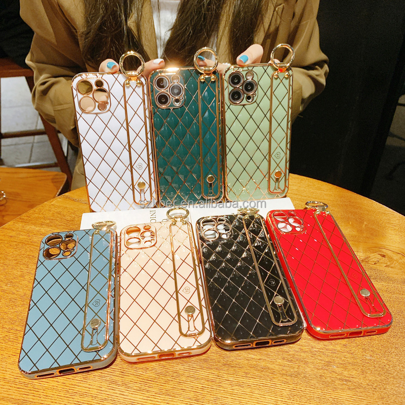 Fast Shipping Shockproof Wrist Strap Style Electroplating Sheepskin Plaid Soft TPU Mobile Phone Back Cover Case For Iphone 11