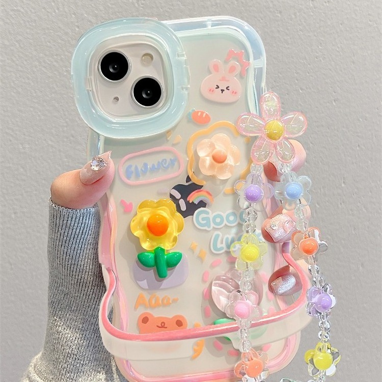 Big Wave Edge Stand Holder Rabbit Frog Doll Bracelet TPU Mobile Phone Cover Case For Iphone X Xr Xs Max 11 12 13 14 15 Pro Max