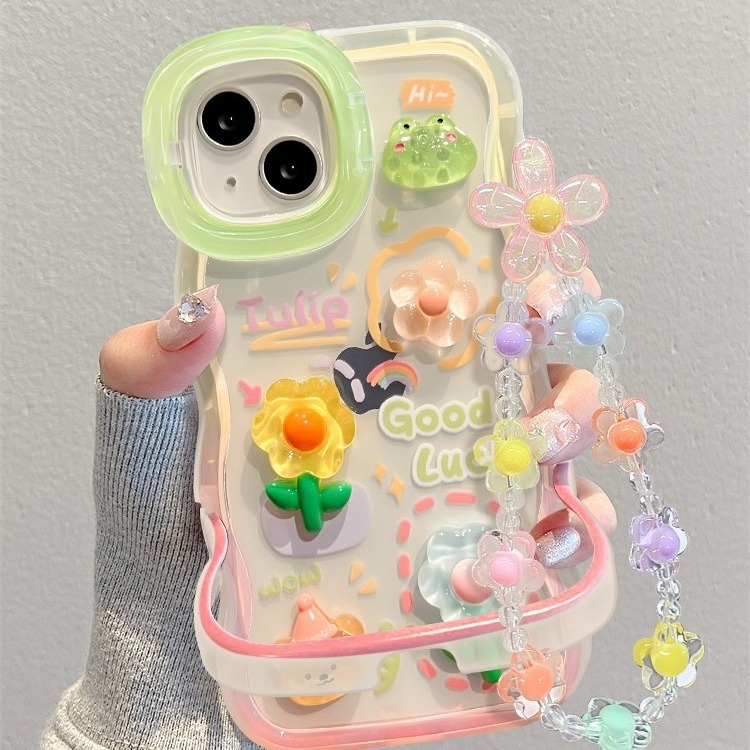 Big Wave Edge Stand Holder Rabbit Frog Doll Bracelet TPU Mobile Phone Cover Case For Iphone X Xr Xs Max 11 12 13 14 15 Pro Max