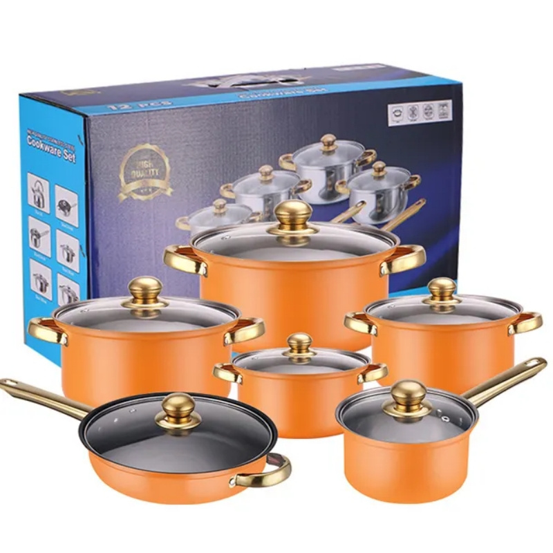 Manufacturer High Quality 12pcs Stainless Steel Gold Plated Non Stick Cookware Sets With Golden Handles