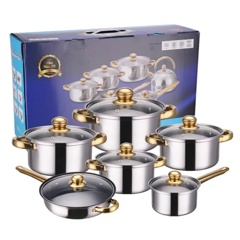 Manufacturer High Quality 12pcs Stainless Steel Gold Plated Non Stick Cookware Sets With Golden Handles