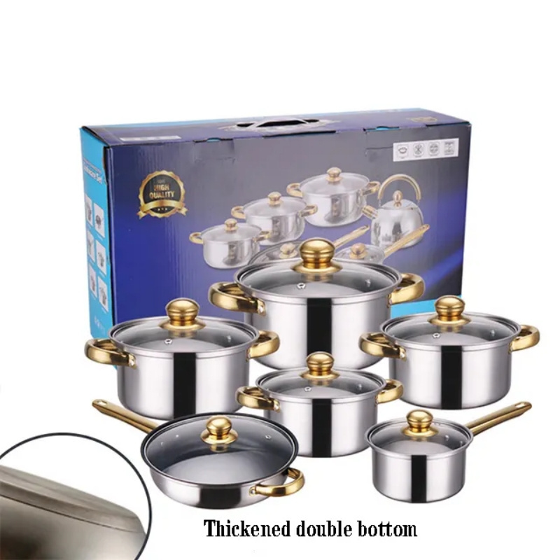 Manufacturer High Quality 12pcs Stainless Steel Gold Plated Non Stick Cookware Sets With Golden Handles