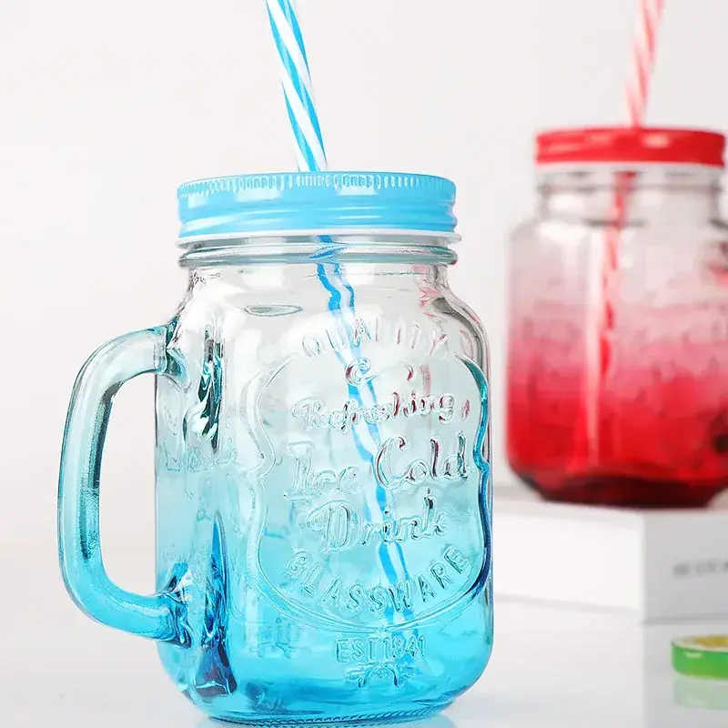 Colorful Square 16oz Glass Mason Jar With Handles Wholesale480ml Mason Jar With Straw