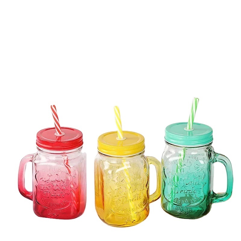 Colorful Square 16oz Glass Mason Jar With Handles Wholesale480ml Mason Jar With Straw