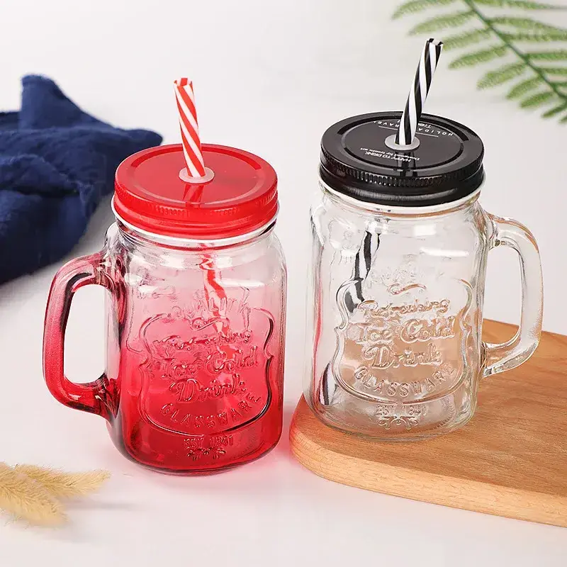 Colorful Square 16oz Glass Mason Jar With Handles Wholesale480ml Mason Jar With Straw