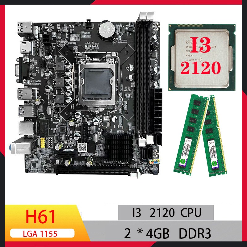 Motherboards cpu combo H61 lga 1155 core I3 2120 for pc gaming 8GB DDR3 Desktop Memory mini itx Motherboard kit