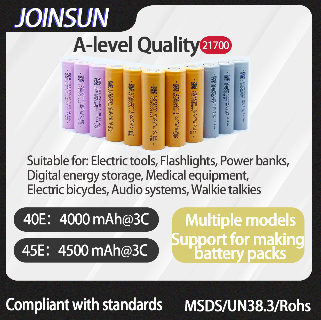 3.7V High Quality Lithium Ion Cells 21700 45E 40E Deep Cycles Batteries Flashlights Battery