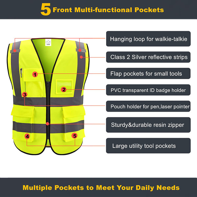 Custom Logo 5 Pockets High Visibility Yellow Safety Clothing Reflective Safety Vest for Men Women