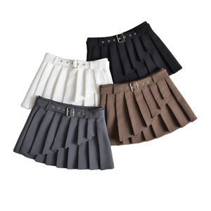 4 colorway asymmetrical solid color pleated sashes casual fashion mini skirt for women