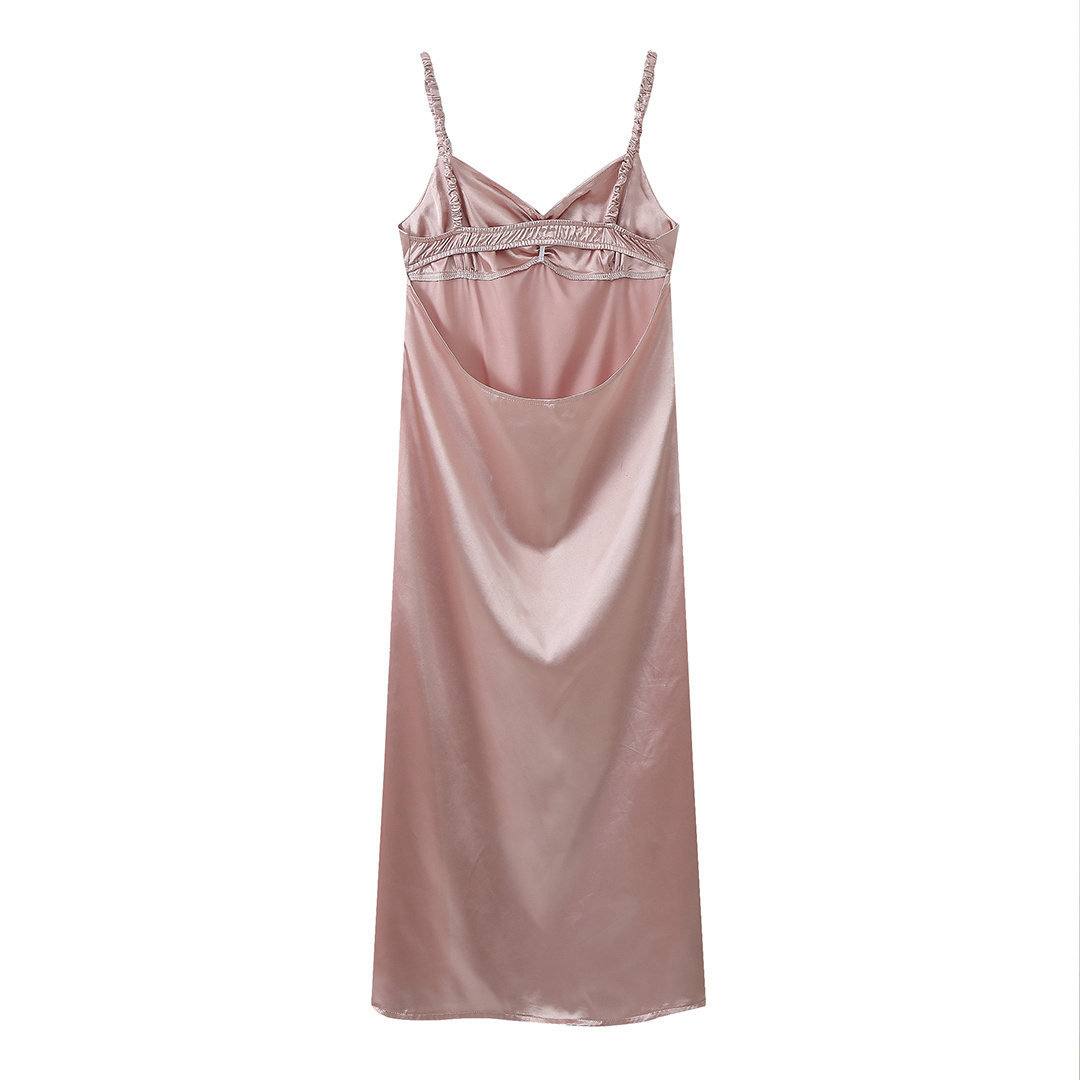 Pink color back hollow out spaghetti strap silky casual fashion satin slip dress for women