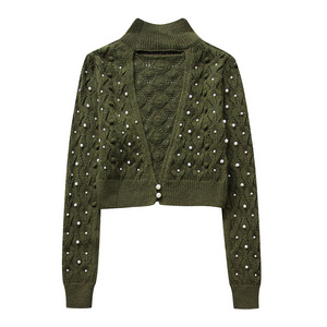 Beading green color long sleeve knitted casual fashion crop pullover sweater for women