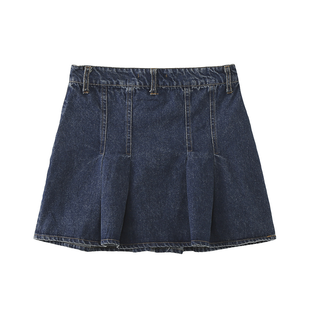 Denim blue color zipper fly side pockets pleated casual fashion mini jeans skirt for women