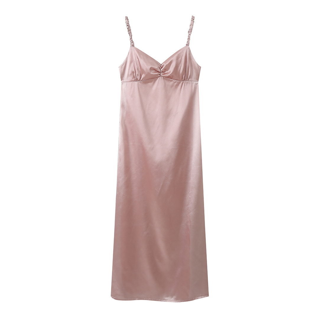 Pink color back hollow out spaghetti strap silky casual fashion satin slip dress for women