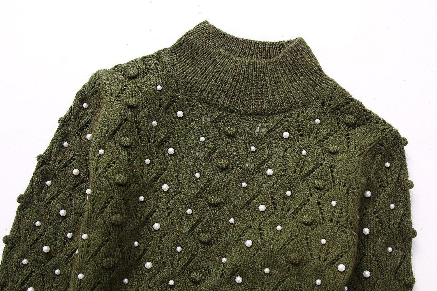 Beading green color long sleeve knitted casual fashion crop pullover sweater for women