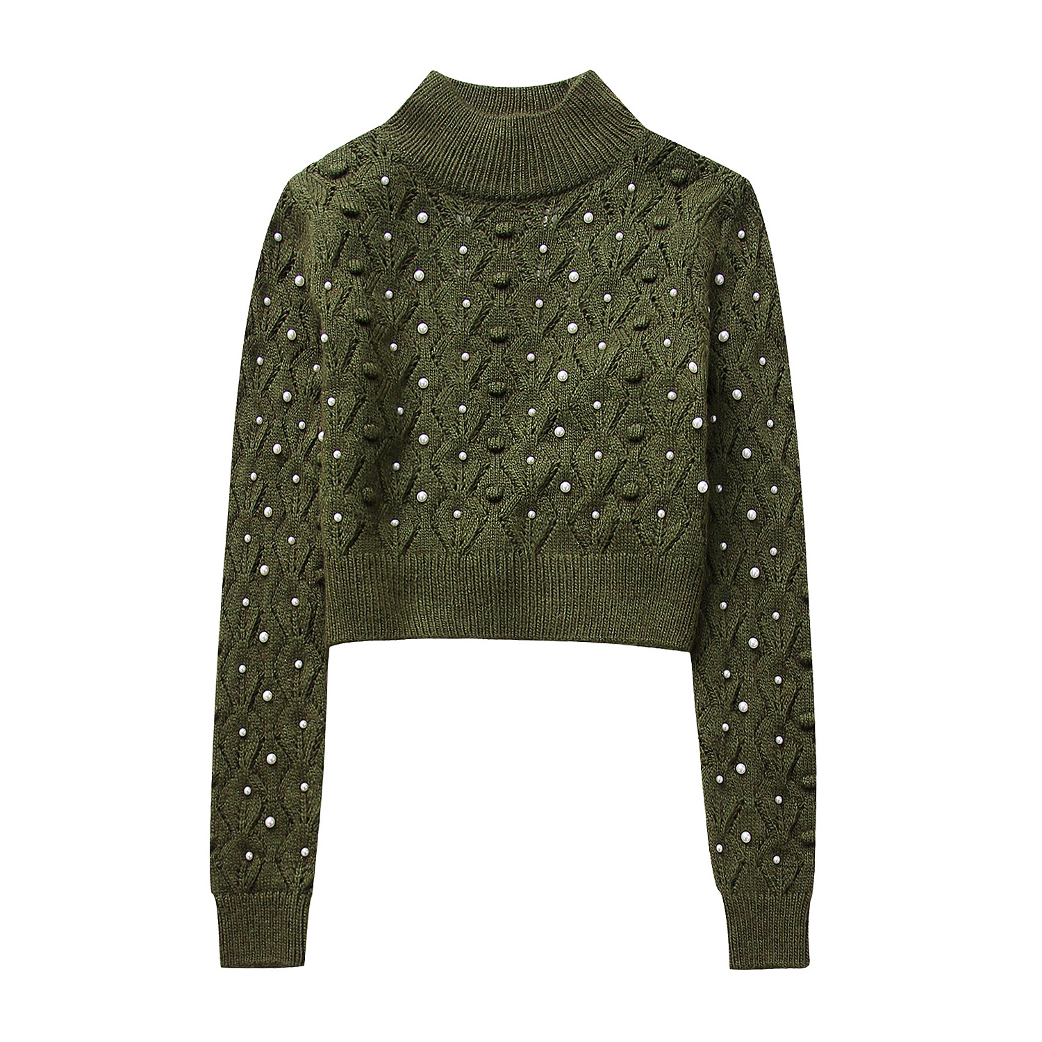 Beading green color long sleeve knitted casual fashion crop pullover sweater for women