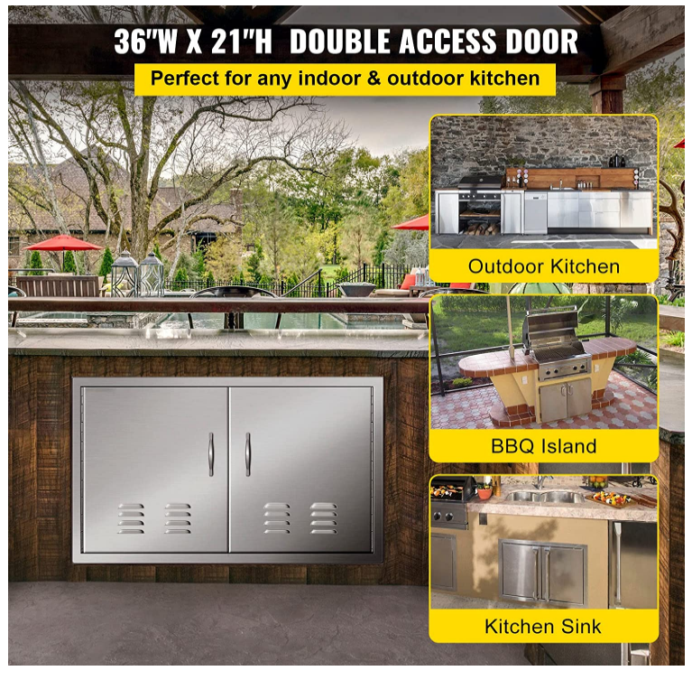 BBQ Island Door 36 x 21 Beveled Frame Vented Double Access Door Stainless Stainless Steel for Outdoor Kitchen