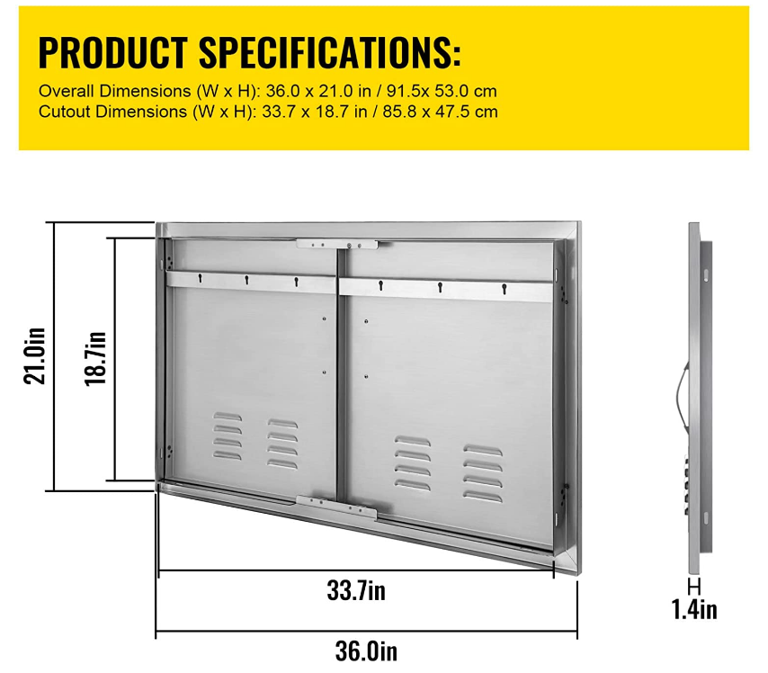 BBQ Island Door 36 x 21 Beveled Frame Vented Double Access Door Stainless Stainless Steel for Outdoor Kitchen