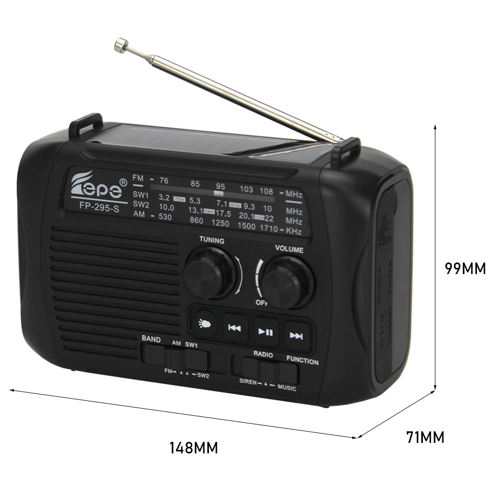 USB Rechargeable FM AM SW solar radio with emergency hand crank radio blue teeth radio with torch FP-295-S