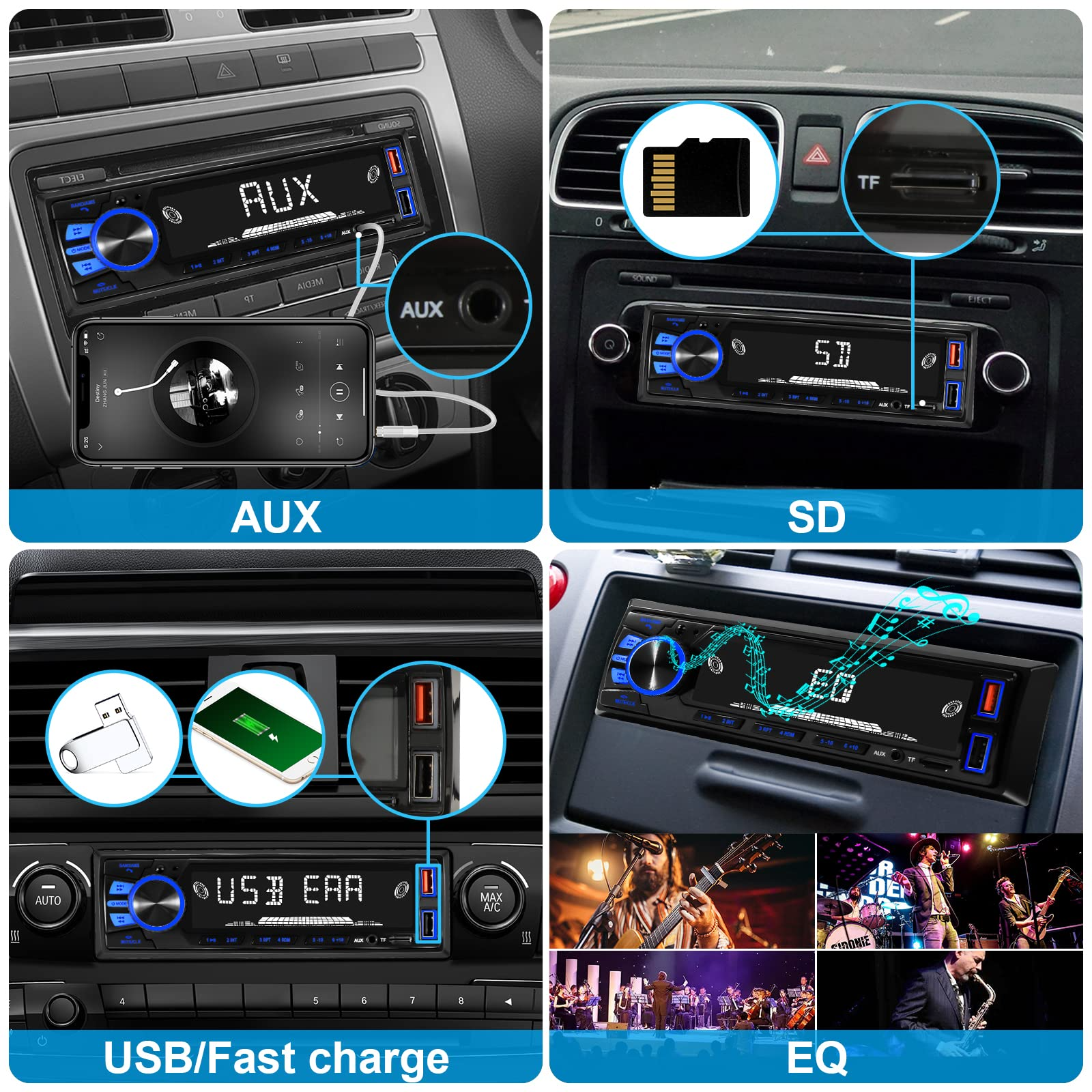 Car Radio Bluetooth Single DIN Car Stereo Audio, MP3 Player Car Stereo 1 DIN with Bluetooth Handsfree/ FM/ Dual USB/ TF/ AUX/ EQ