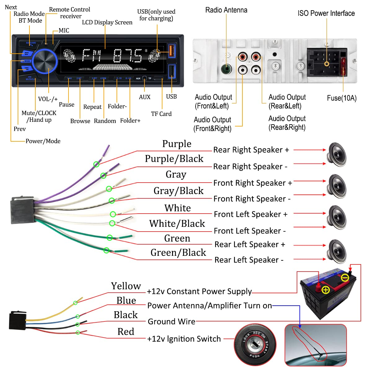 Car Radio Bluetooth Single DIN Car Stereo Audio, MP3 Player Car Stereo 1 DIN with Bluetooth Handsfree/ FM/ Dual USB/ TF/ AUX/ EQ